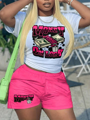 Letter Print Two piece Set Casual T shirt & Elastic Shorts
