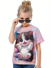 3D Sweet Cat Graphic Short Sleeve T-shirt for Kids