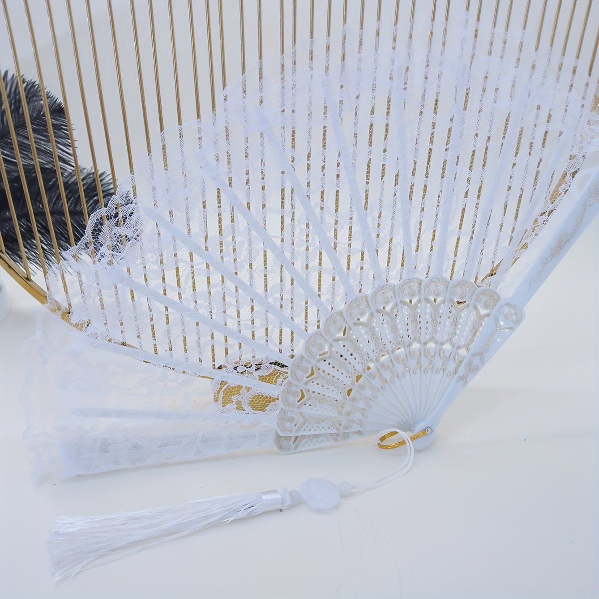 Lace Floral Pattern Folding Fan with Tassel