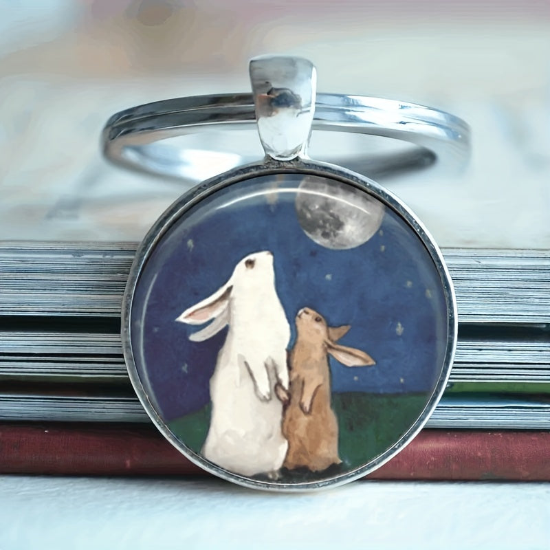Men's Two Rabbits Watching Moon Keychain Bag Wallet Charm