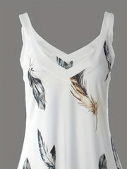Feather Print V Neck Tank Top Sleeveless Casual Top Women's Clothing