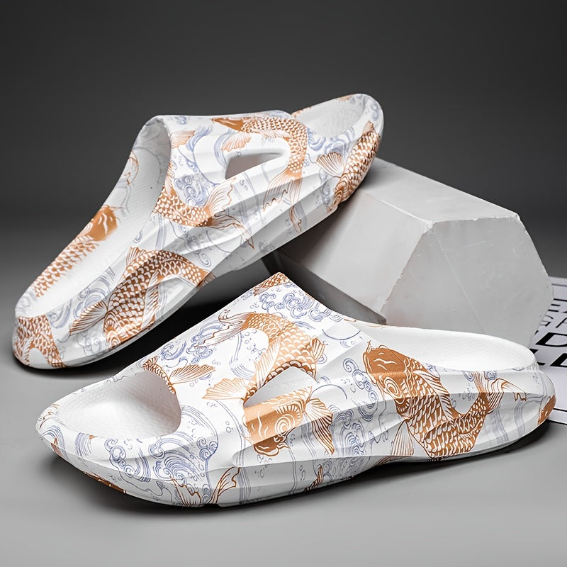 Men's Fish Print Cloud Slides Slippers Lightweight Non Slip Shoes
