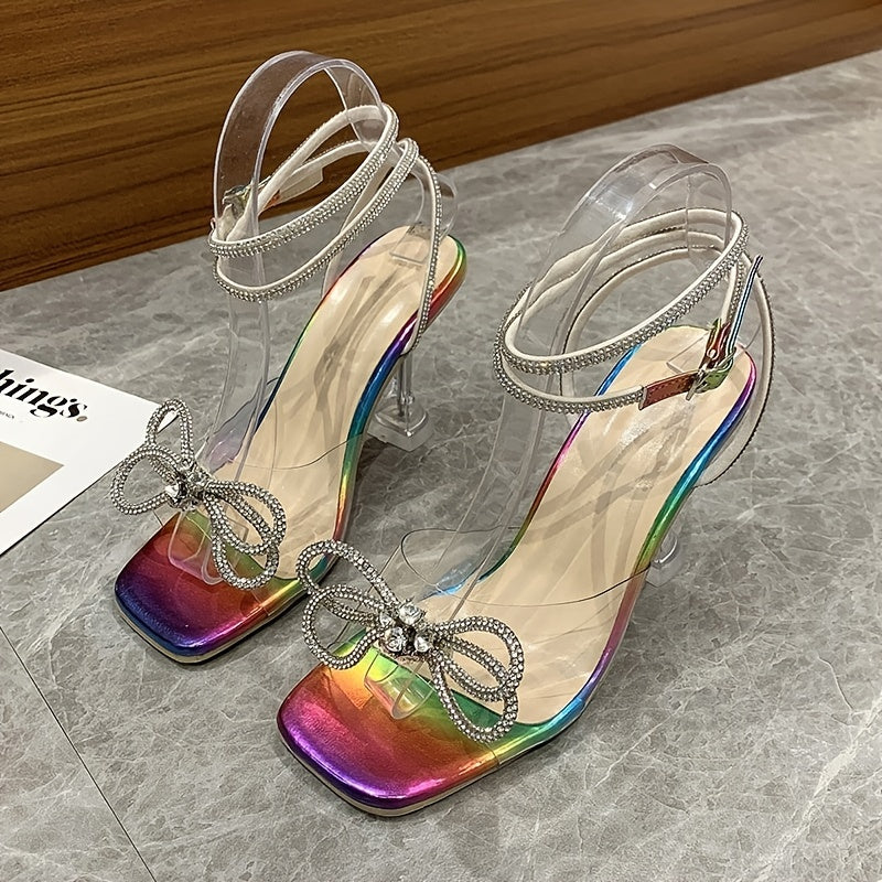 Rhinestone Bow High Heels Square Open Toe Wedding Pumps