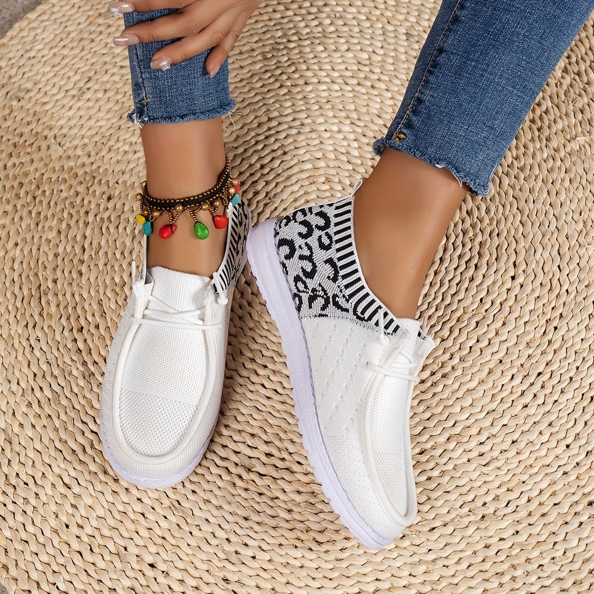 Women's Leopard Print Boat Shoes Flying Woven Flat Shoes