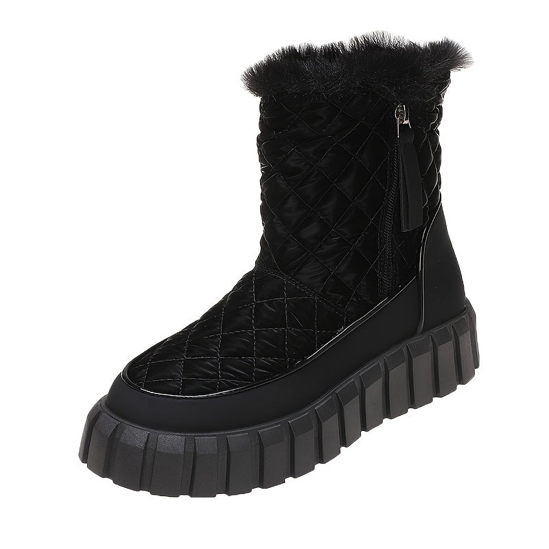 Quilted Argyle Round Toe Snow Boots Faux Fur Lined Thick Sole Ankle Boots