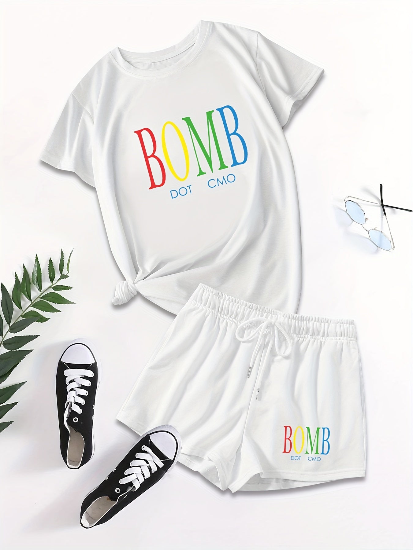 Letter Print Casual Short Sleeve T-shirt & Drawstring Waist Shorts