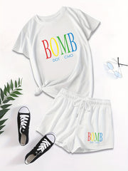 Letter Print Casual Short Sleeve T-shirt & Drawstring Waist Shorts