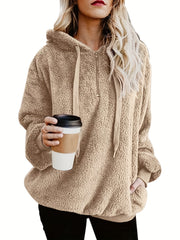 Solid Zip Pocket Fuzzy Hoodie Long Sleeve Drawstring Hoodie Sweatshirt