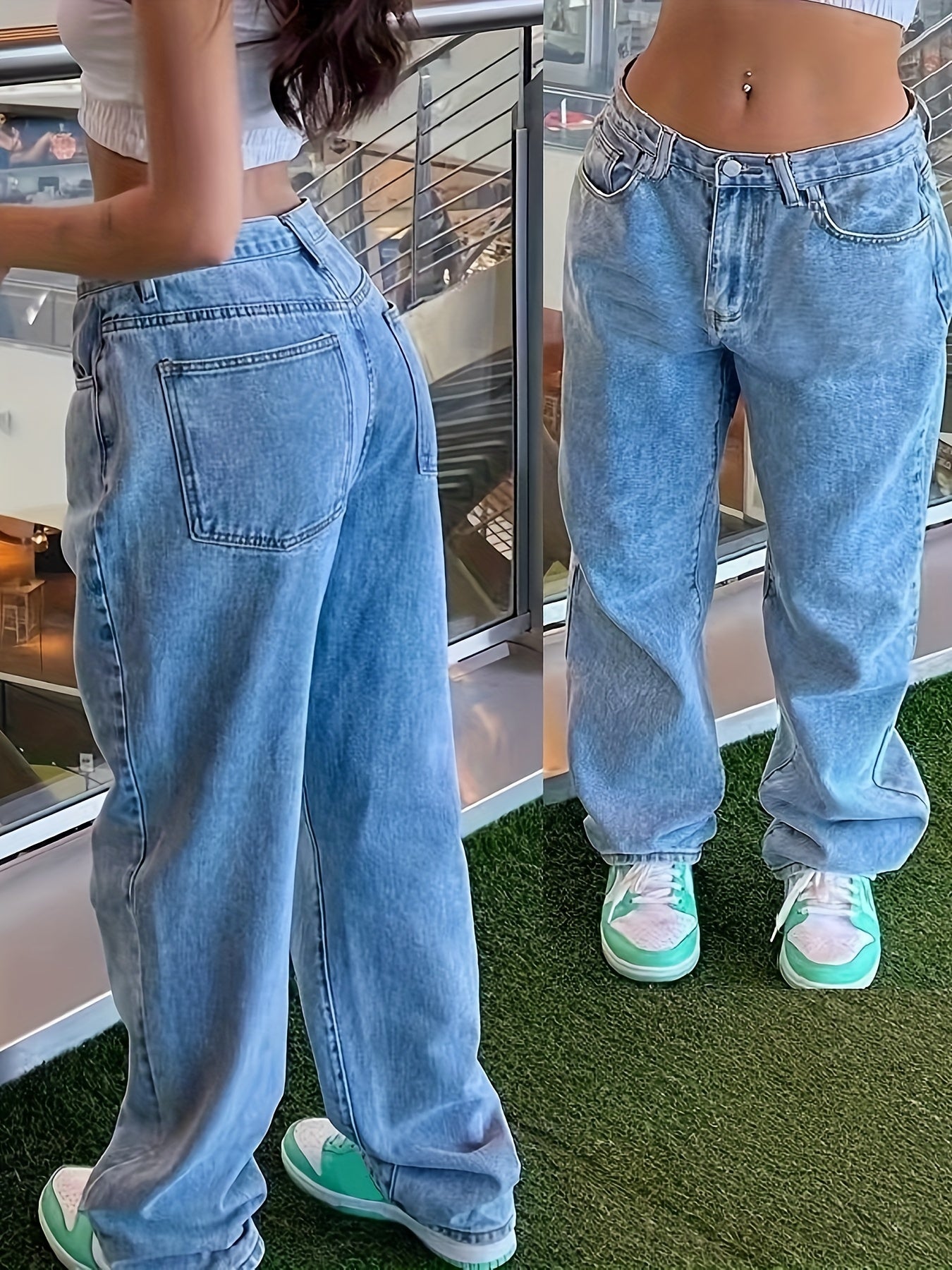 Solid Washed High Rise Denim Pants Wide Leg Jeans