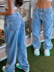 Solid Washed High Rise Denim Pants Wide Leg Jeans