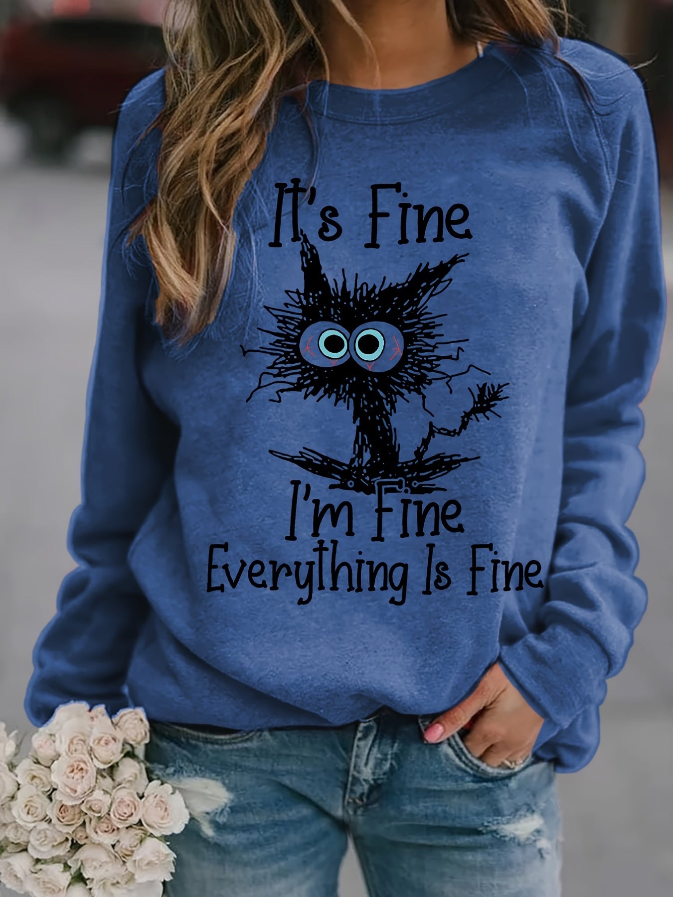 Cartoon Cat Print Sweatshirt Long Sleeve Crew Neck Casual Sweatshirt