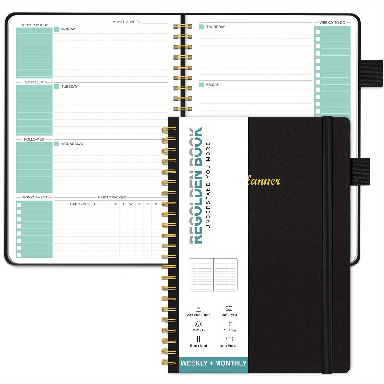 Undated Planner 12 Month Weekly Monthly Hardcover Faux Leather Spiral Bound
