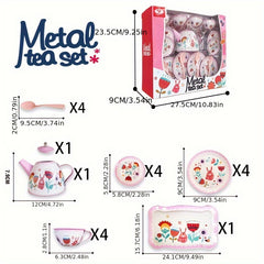 19-Piece Metal Tea Set Toy Kitchen with Pink Flowers and Animals