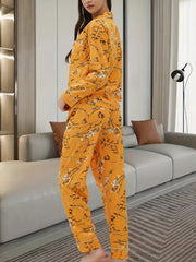 Floral Print Pajama Set Long Sleeve Top & Elastic Waistband Pants