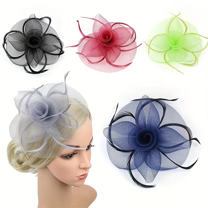 Mesh Flower Headband Faux Feather Head Piece With Clip Duck Billed Clip