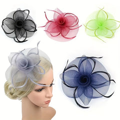 Mesh Flower Headband Faux Feather Head Piece With Clip Duck Billed Clip
