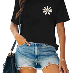 Daisy Print Graphic Tee Crew Neck Short Sleeve T Shirt Women's Summer Tops