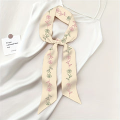 Rose Print Skinny Scarf Neckerchief Solid Neck Tie Long Hair Ribbon