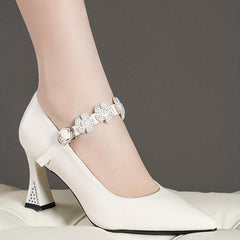 Rhinestone Flower Decor Chunky Heels Point Toe Dress Pumps