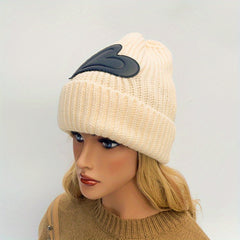 Heart Label Patch Beanie Thick Elastic Knit Hat Solid Skull Cap