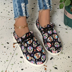Women's Skull & Flower Print Sneakers Lace Up Outdoor Shoes