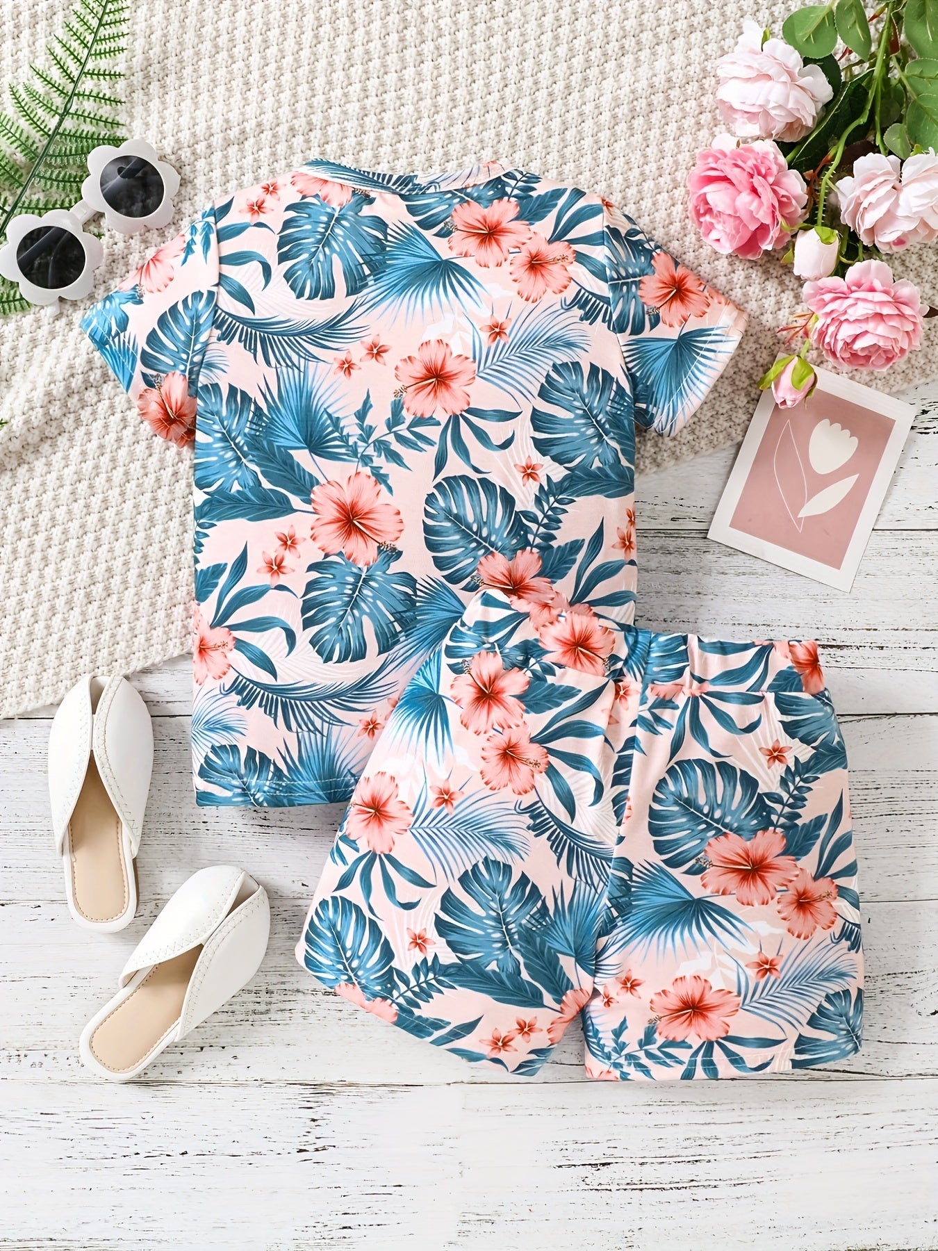 Girls Tropical Flowers Tee & Shorts Set, Summer Beach Outfit