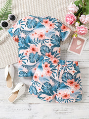 Girls Tropical Flowers Tee & Shorts Set, Summer Beach Outfit