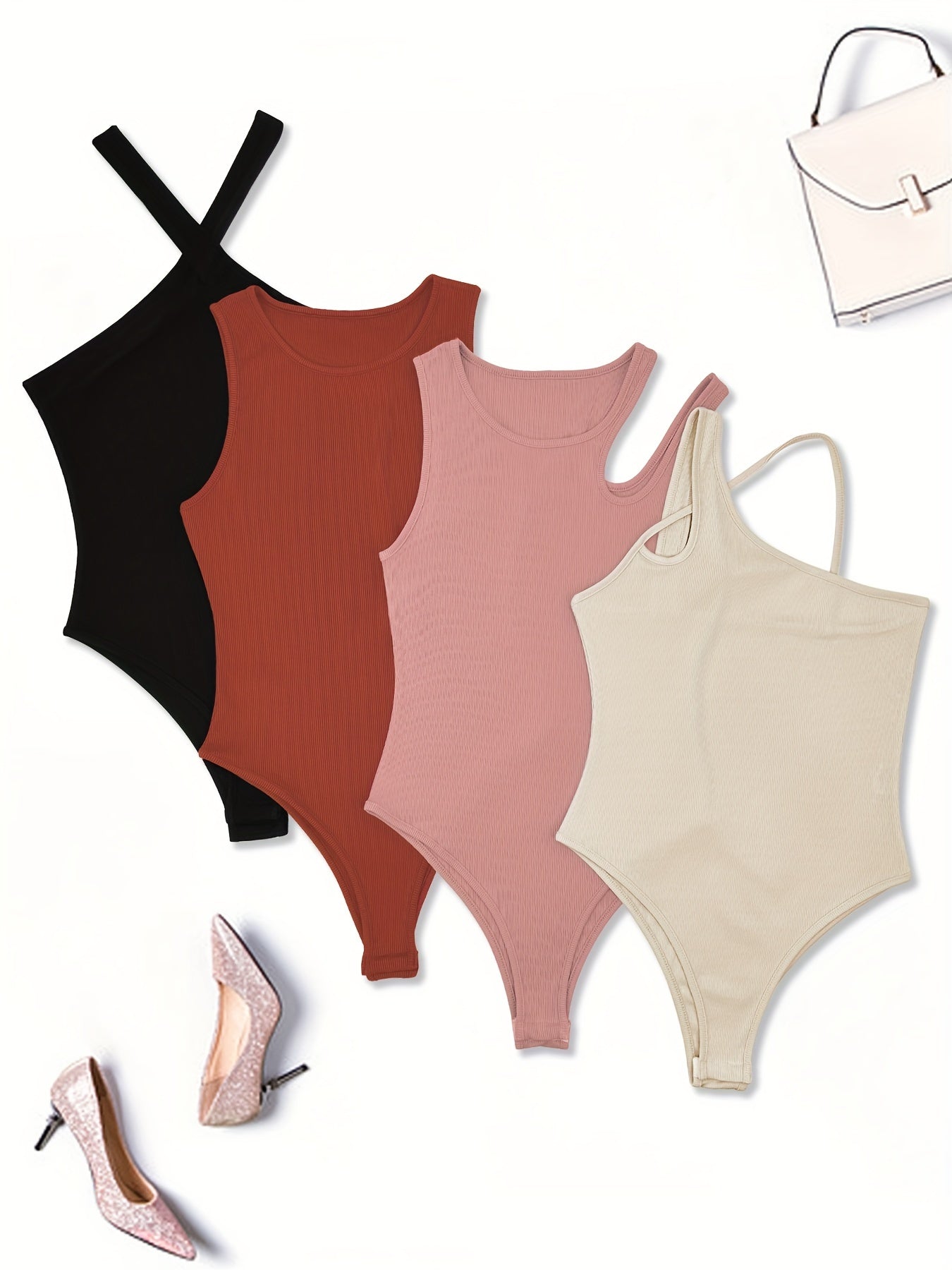 4 Pack Solid Bodysuits Casual Asymmetrical Shoulder Bodysuits
