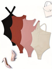 4 Pack Solid Bodysuits Casual Asymmetrical Shoulder Bodysuits