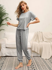 Solid Lounge Set Short Sleeve Crew Neck Top & Lace Up Pants