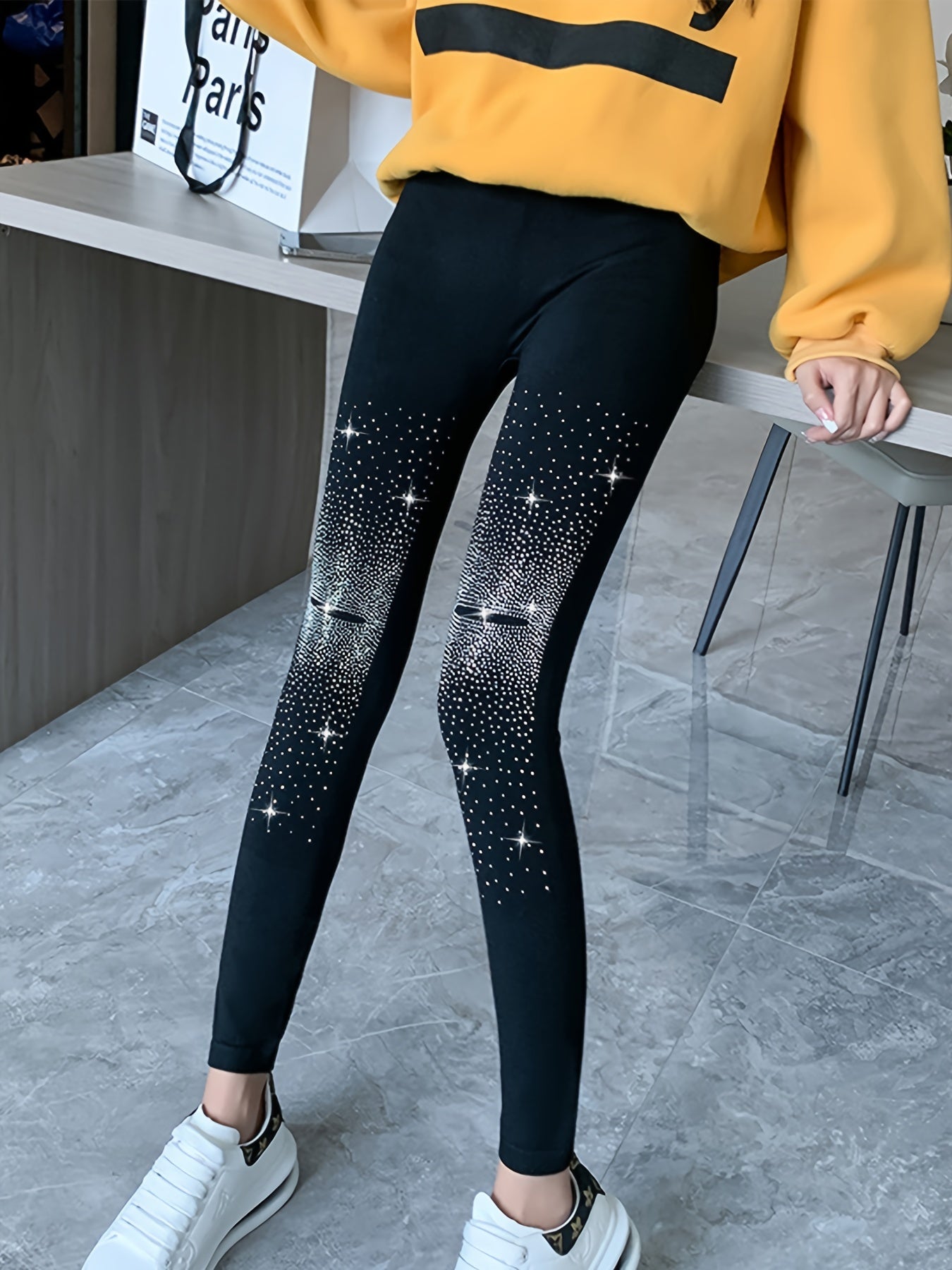 Glitter Rhinestone Skinny Leggings High Waist Stretchy Casual Leggings