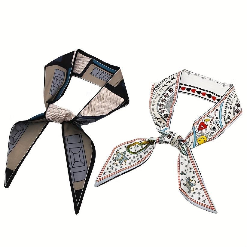 2pcs Geometric Print Skinny Scarf Long Ribbon Neckerchief Vintage Twilly Scarf