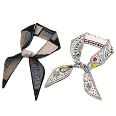 2pcs Geometric Print Skinny Scarf Long Ribbon Neckerchief Vintage Twilly Scarf