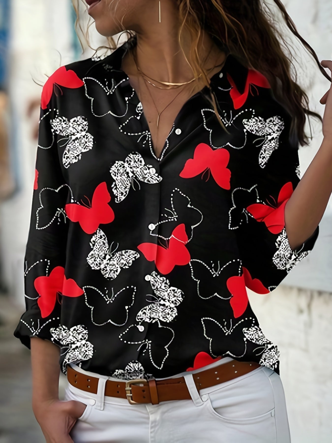 Butterfly Print Plus Size Button Up Blouse