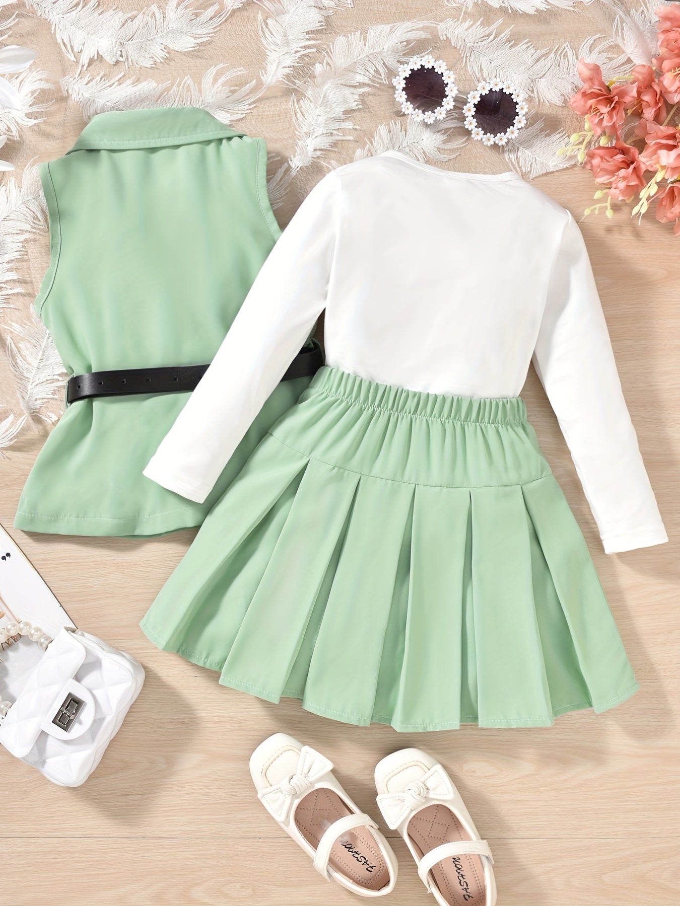 Girl's Preppy Style 3pcs Belted Vest Set