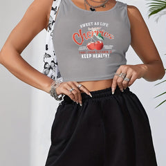 Cherry & Letter Print Crop Tank Top