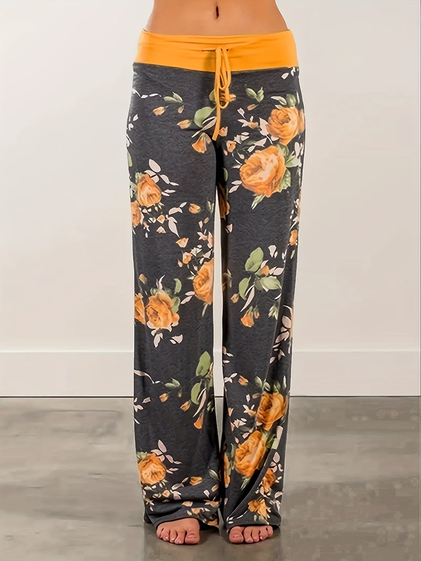 Vintage Floral Print Casual Drawstring Waist Long Pants