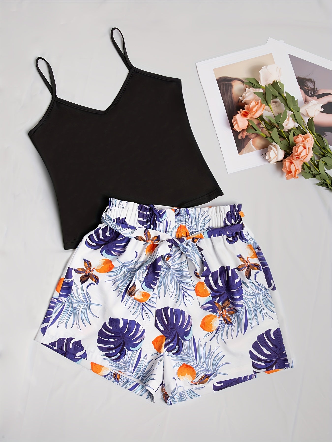 Solid Crop Cami Top & Tropical Print Shorts Set