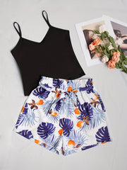 Solid Crop Cami Top & Tropical Print Shorts Set