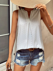 Eyelet V Neck Pleated Tank Top Women's Clothing