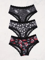 3 Pack Plus Size Halloween Sexy Panties Set Women's Plus Skull & Star Print