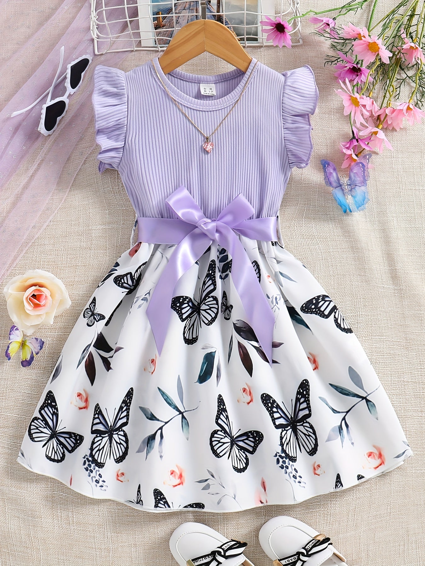 Girls Butterfly Print Skirt Dress Ribbed Ruffle Top Summer Casual Clothes