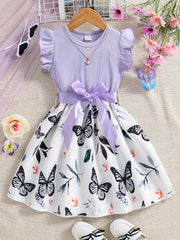 Girls Butterfly Print Skirt Dress Ribbed Ruffle Top Summer Casual Clothes