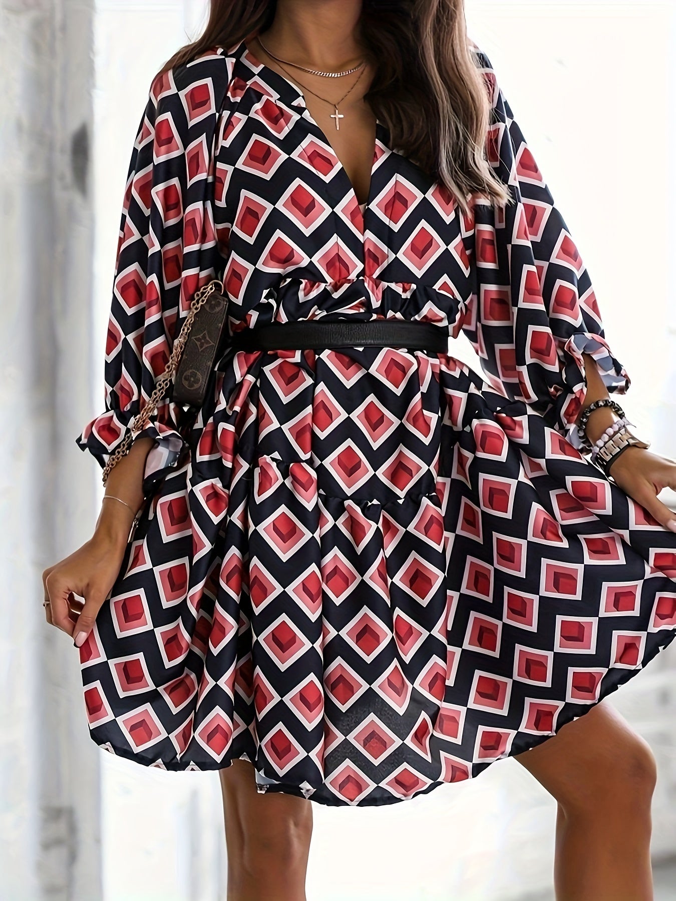 Geometric Print V Neck Dress with Half Sleeves