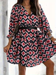 Geometric Print V Neck Dress with Half Sleeves