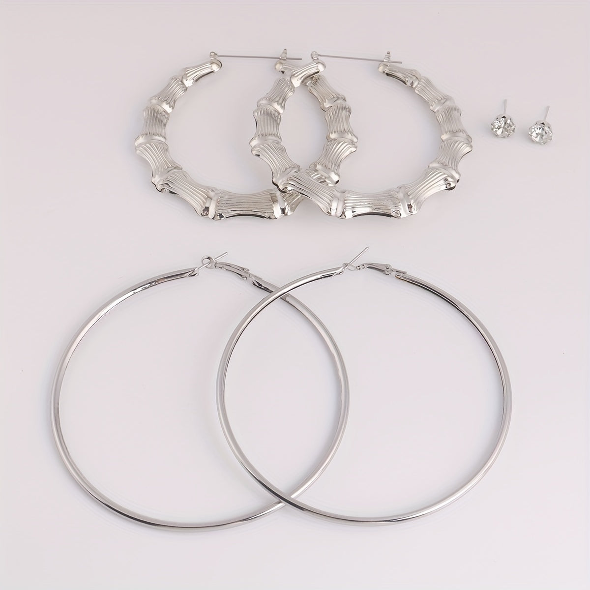 3 Pairs Punk Hoop & Rhinestone Earrings Set Hip Hop Jewelry