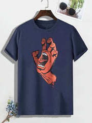 Men's Cartoon Hand Print T-Shirt Casual Comfy Crew Neck Tee