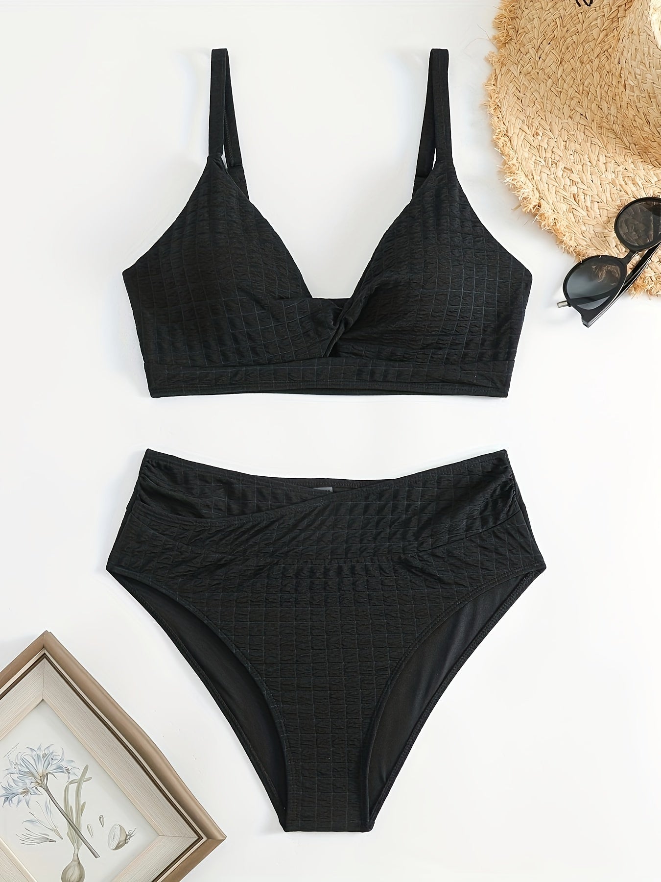 Solid Waffle Knit Twist Front Bra & Panty Swimsuit Set