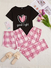 Heart Print Pajama Set Crew Neck Top & Shorts & Plaid Pants