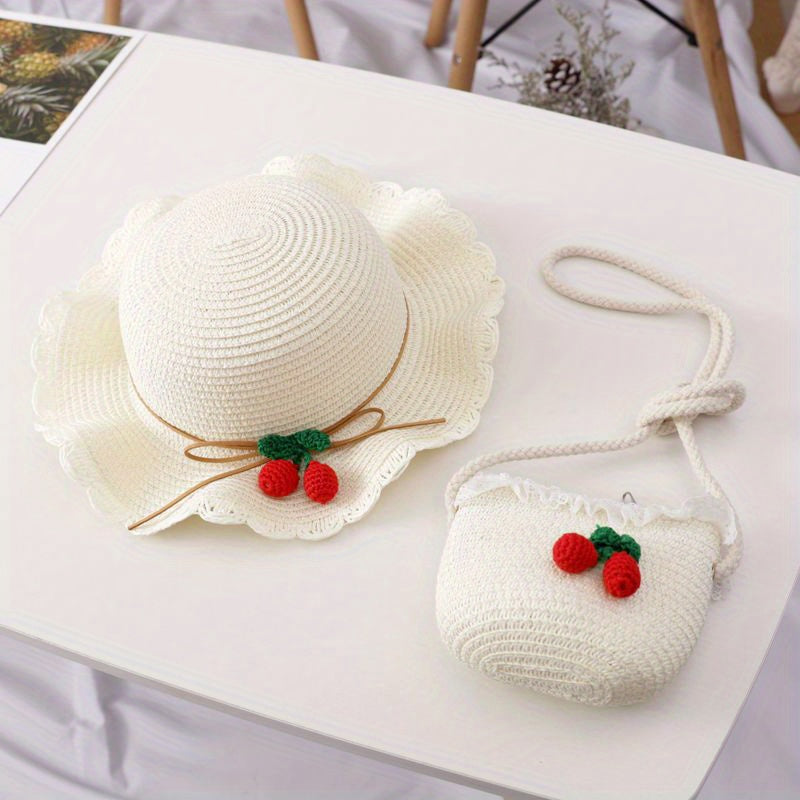 Girls Cherry Straw Sun Hat And Bag Set Lace Trim For Summer Kids